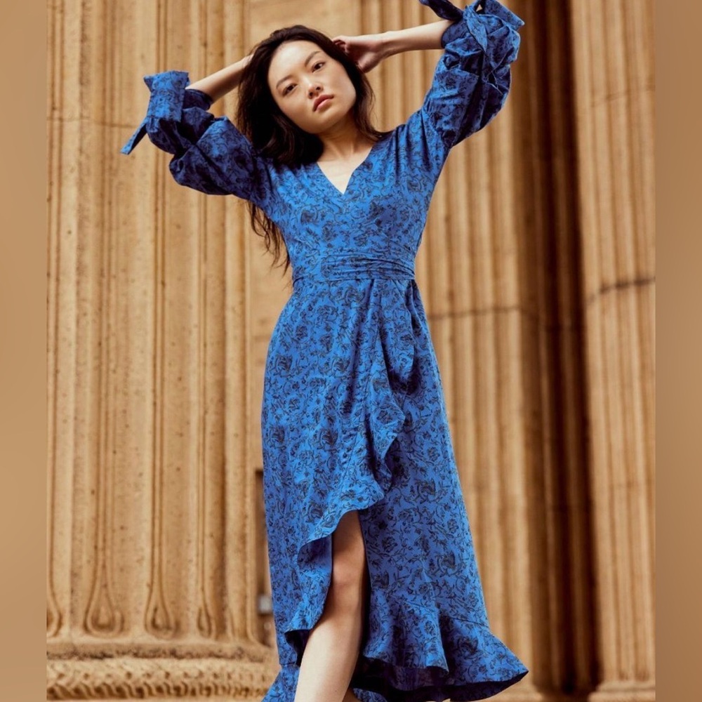 New $378 EDDY Ellen Ruffled Wrap Dress – Dusky Blue & Cobalt Floral 🔥